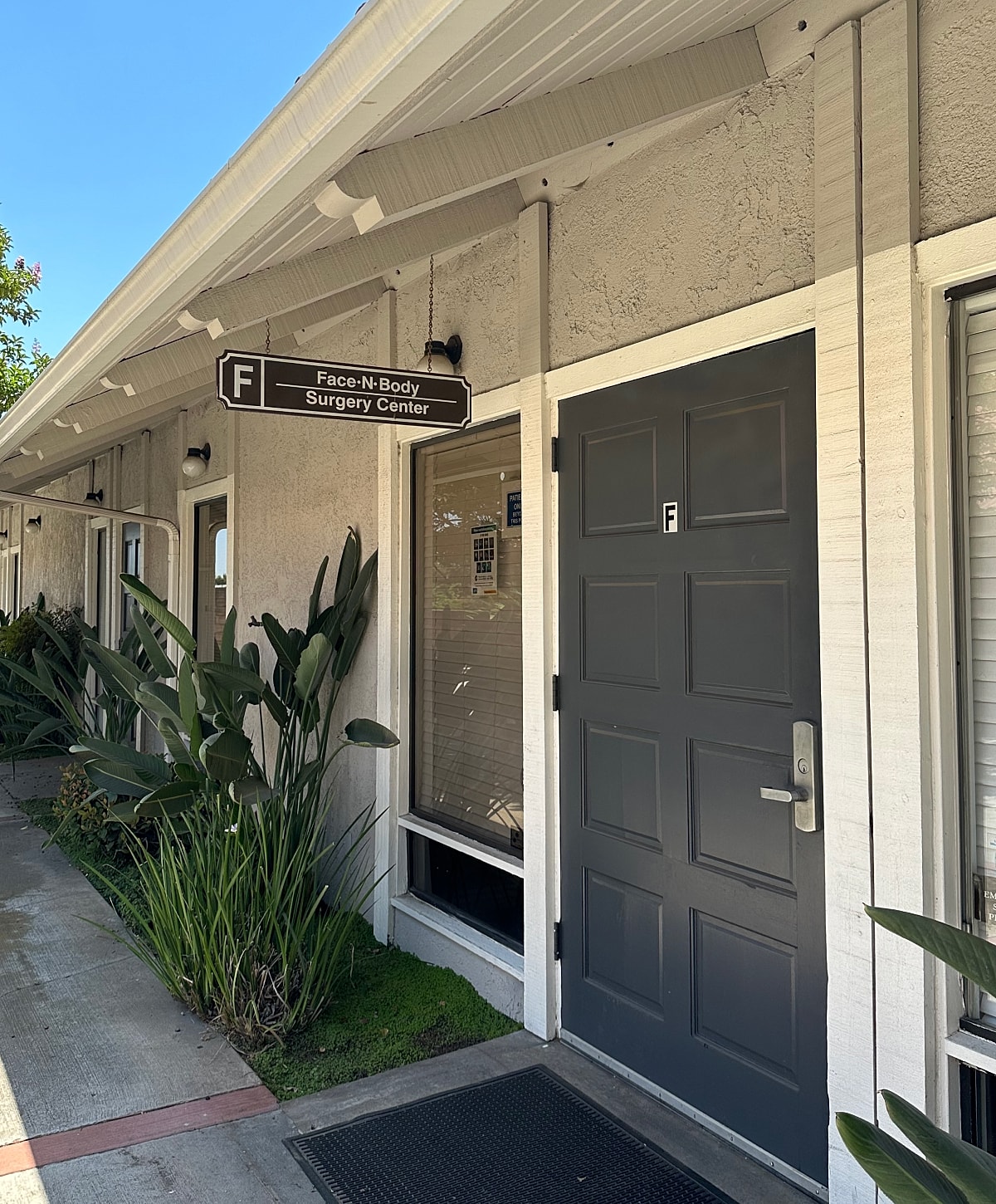 Entrance to Face-N-Body Surgery Center.