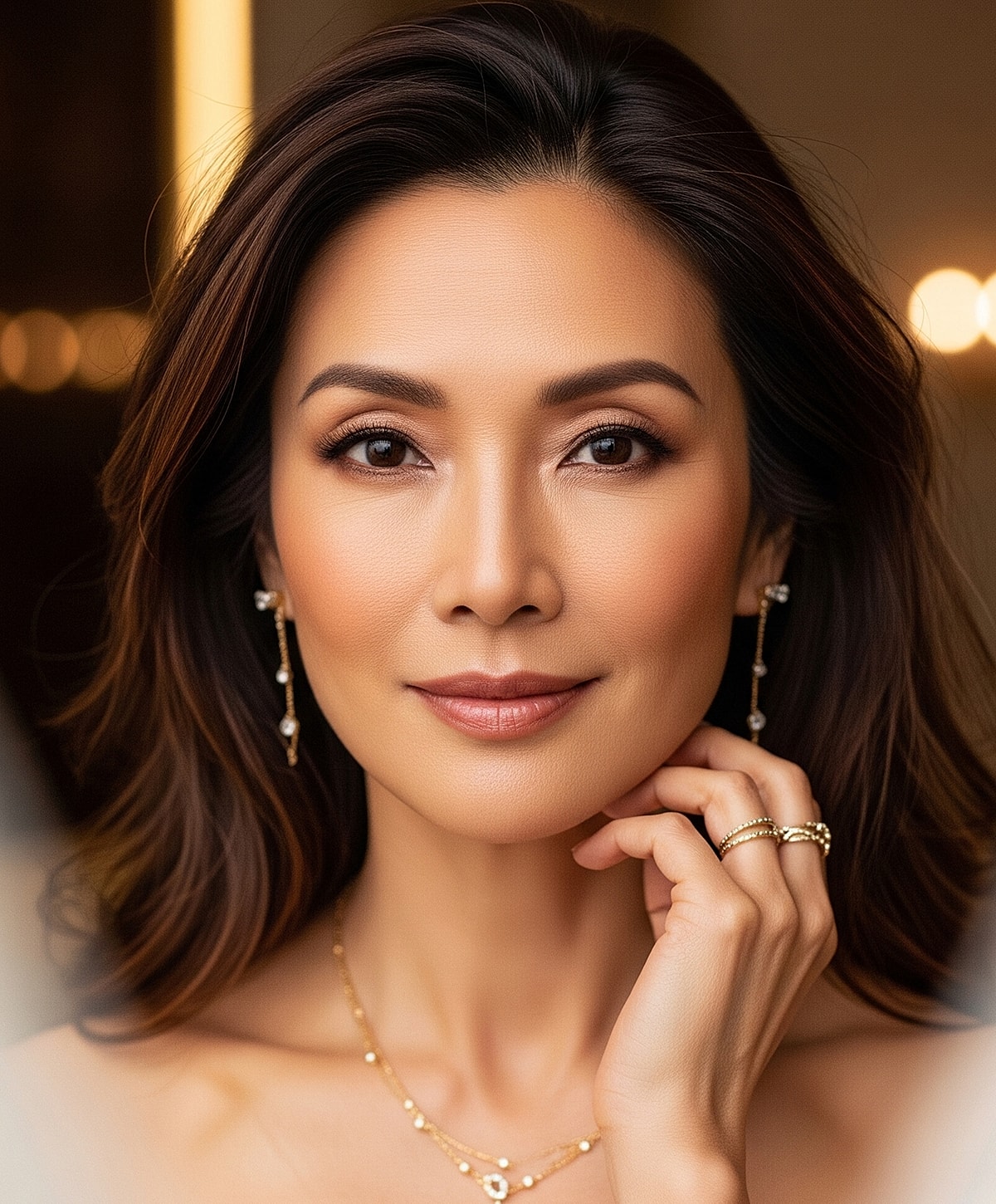Portrait of a woman with elegant jewelry and makeup.