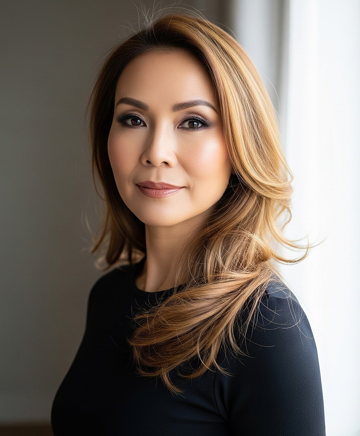 Woman with long hair and soft makeup portrait.