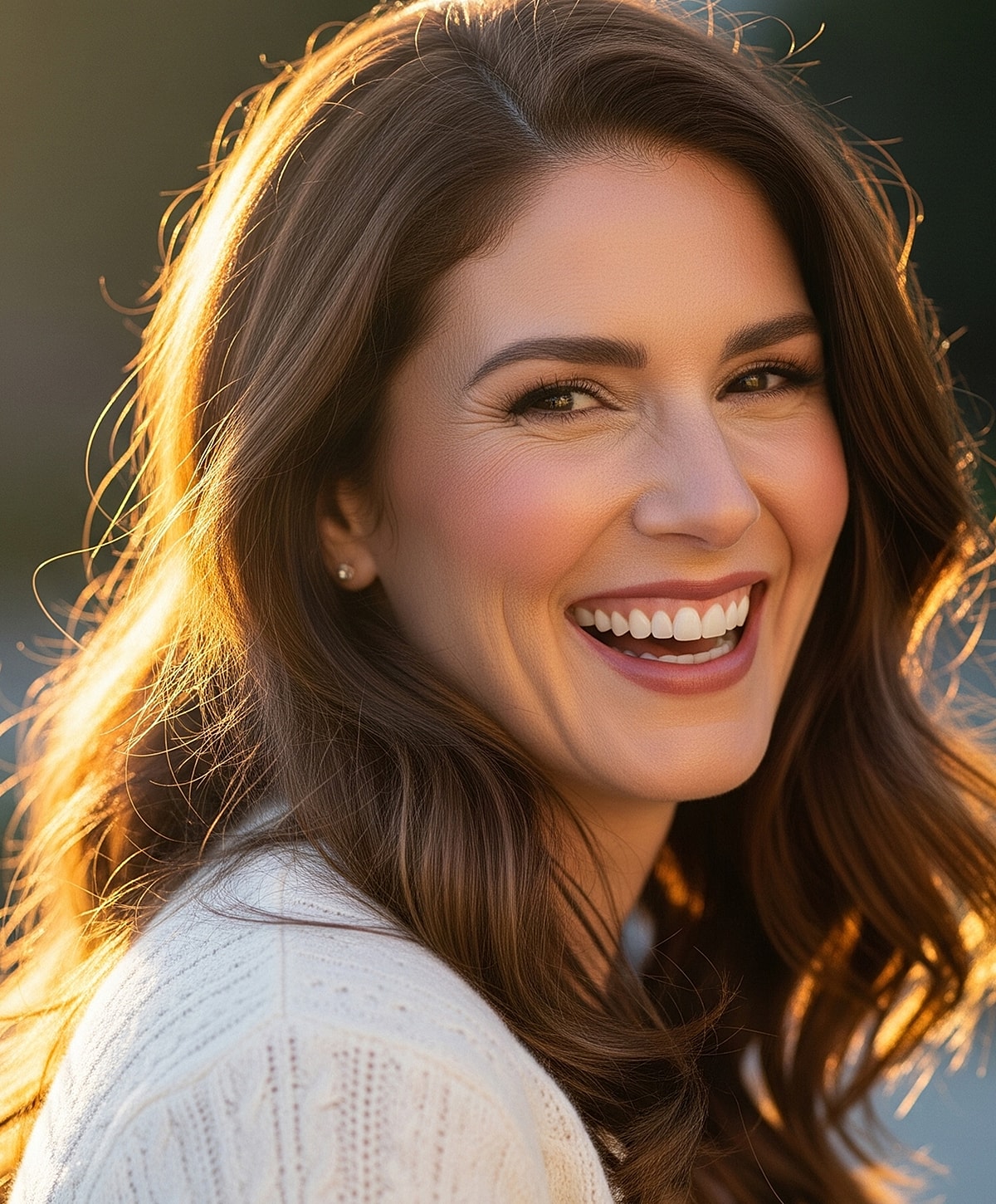 Smiling woman with long, flowing hair outdoors.