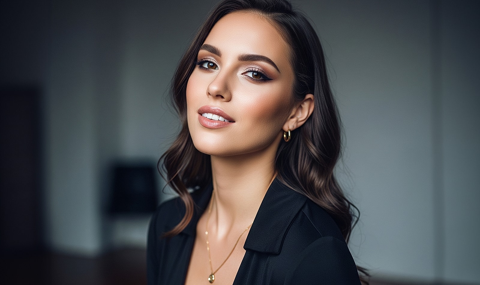 Portrait of a woman with long black hair.