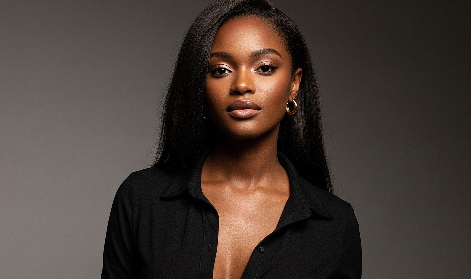 Woman with elegant hairstyle and makeup, smiling.