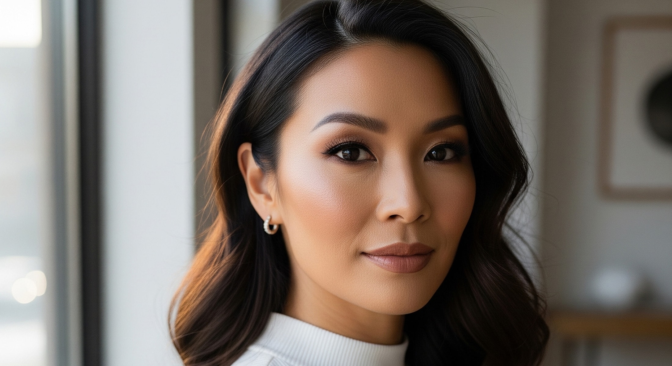 Woman with long hair and natural makeup indoors.